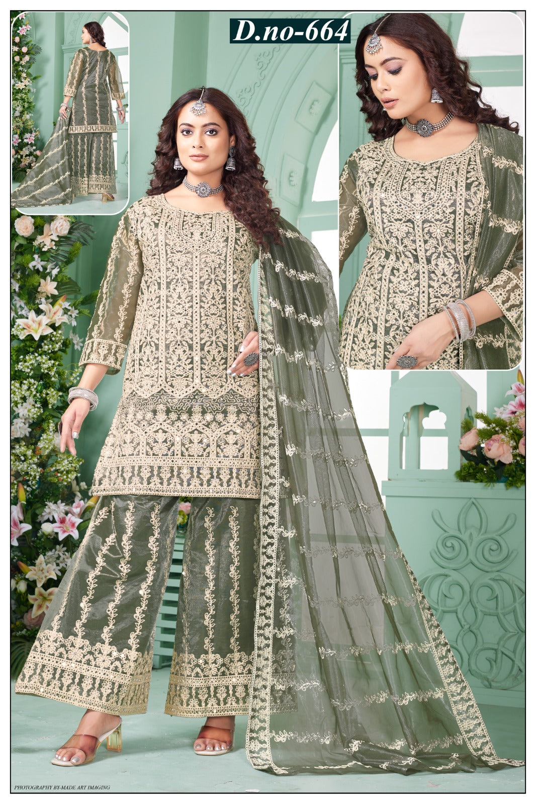 D.No-664 Olive Green Embroidered Palazzo Suit with Dupatta