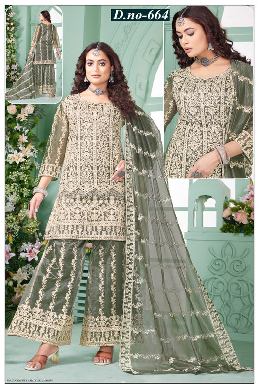 D.No-664 Olive Green Embroidered Palazzo Suit with Dupatta