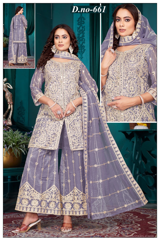 D.No-661 Lavender Embroidered Palazzo Suit with Dupatta