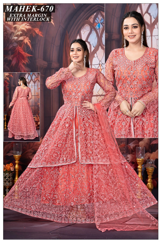 Mahek-670 Designer Peach Embroidered Gown