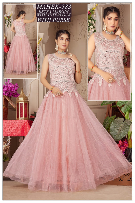 Mahek-583 Baby Pink Embroidered Gown with Purse |