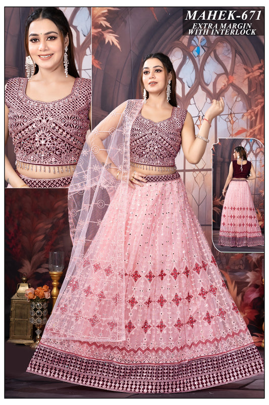 Pink & Wine Embroidered Lehenga Choli with Dupatta