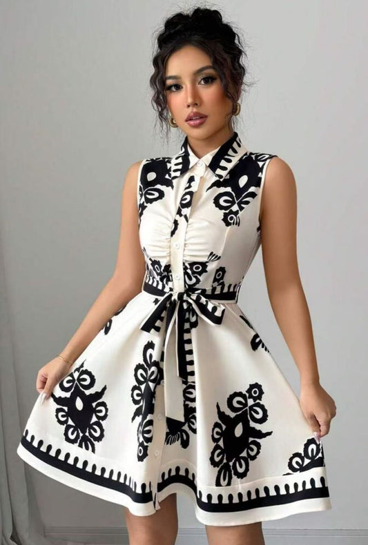 Elegant Black & White Sleeveless Shirt Dress with Belt