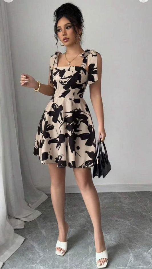 Beige & Black Floral A-Line Dress with Shoulder Tie Straps