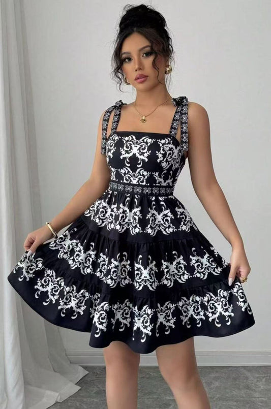 Black & White Baroque Print Tiered Dress with Tie Straps