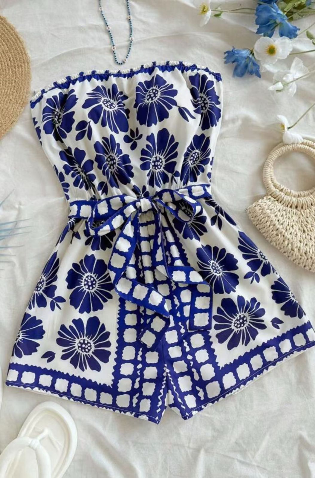 Blue & White Floral Strapless Romper with Waist Tie