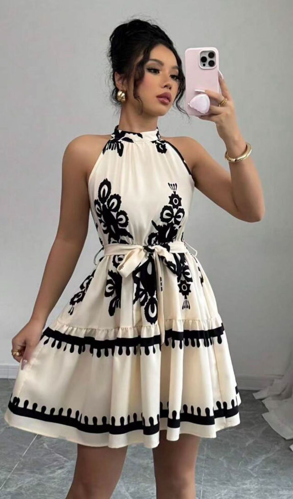 Elegant Black & White Printed Halter Neck Mini Dress