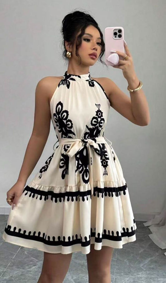 Elegant Black & White Printed Halter Neck Mini Dress