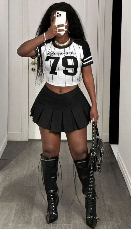 Women’s Black Pleated Mini Skirt & Los Angeles 79 Crop Top Co-ord Set