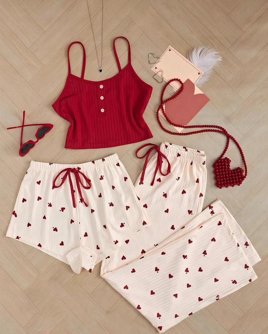 Women’s 3-Piece Heart Print Pajama Set with Strappy Top