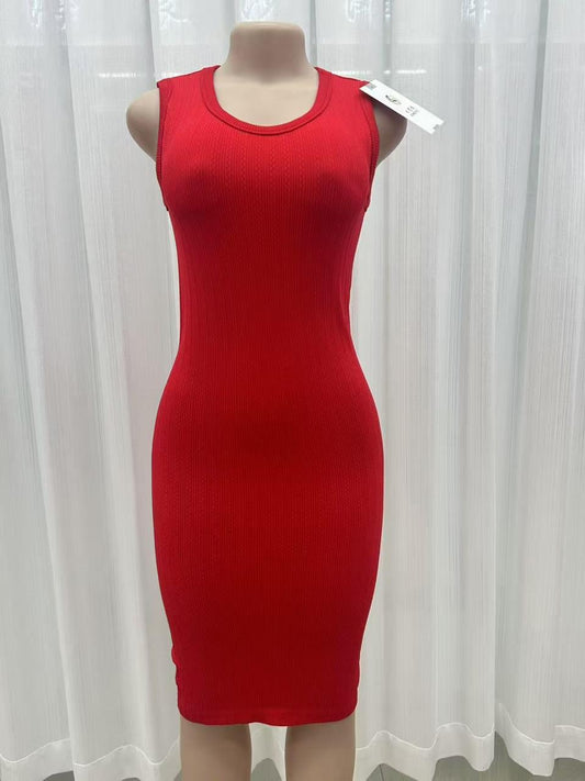 Red Sleeveless Ribbed Bodycon Dress