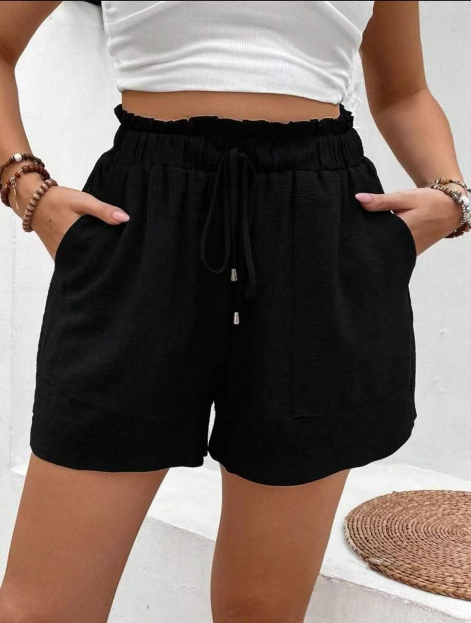 Women’s High-Waist Casual Shorts with Pockets – Black