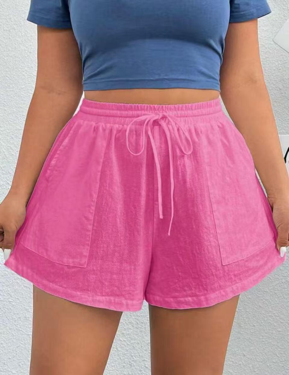 Women’s High-Waist Linen Blend Shorts with Pockets –Pink