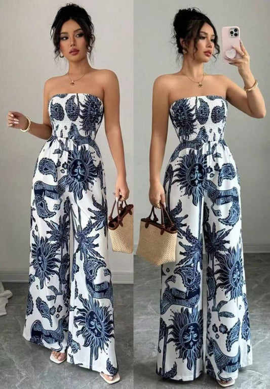 Women’s Strapless Wide-Leg Jumpsuit with Boho Print – Navy & White