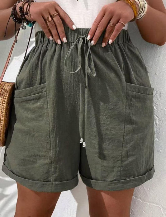 Women’s High-Waist Linen Blend Shorts with Pockets – Olive Green