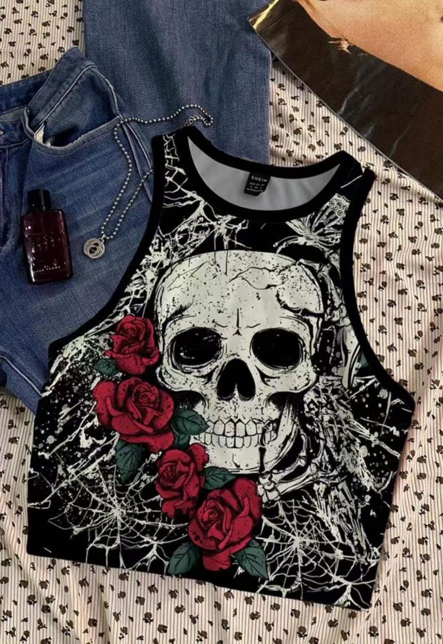 Gothic Skull & Roses Graphic Tank Top – Black