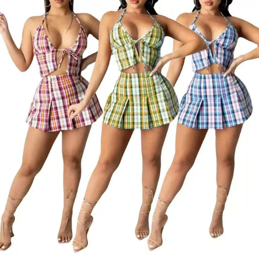Trendy Plaid Two-Piece Halter Crop Top & Pleated Skirt Set