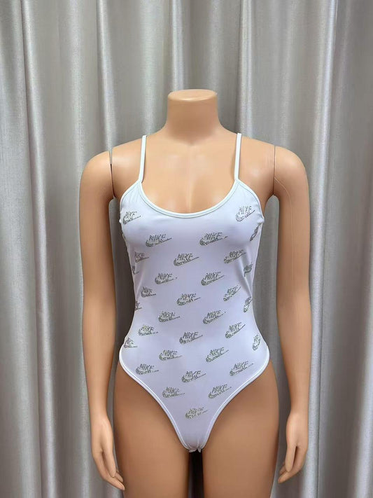 Women’s White Spaghetti Strap Bodysuit with Allover Print