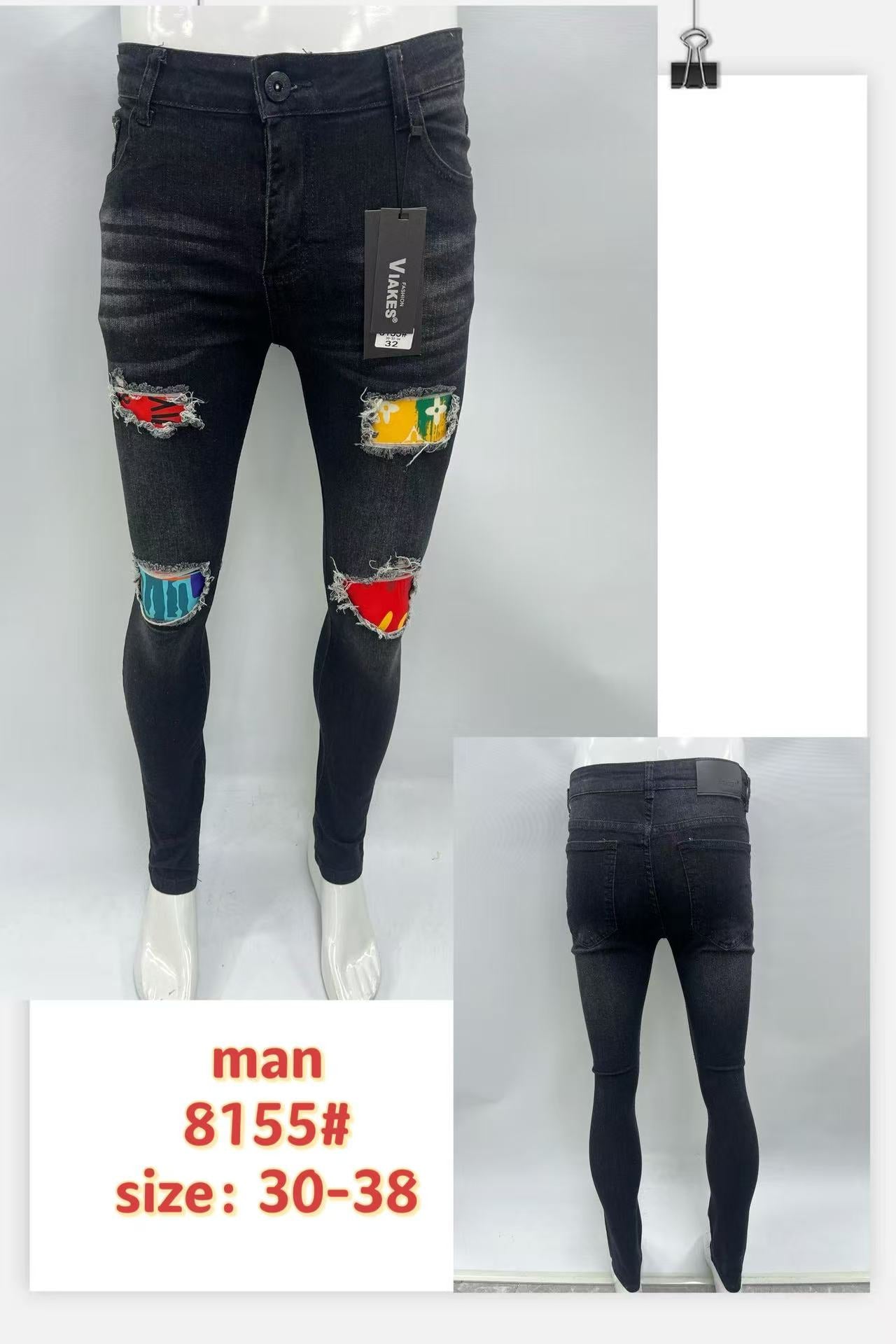 Men’s Black Ripped Skinny Jeans with Patchwork (30-38) – 8155#