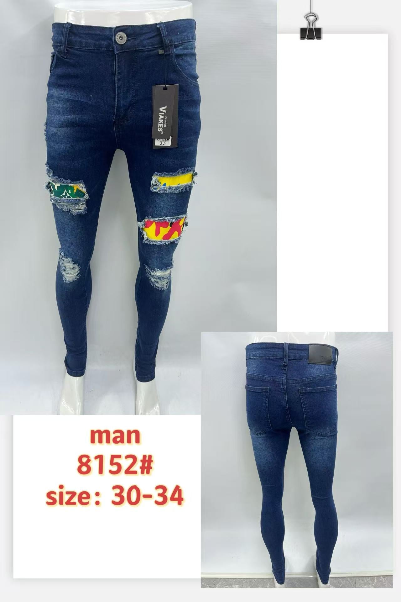 Men’s Ripped Skinny Jeans with Patchwork – Stylish Denim (8152#)