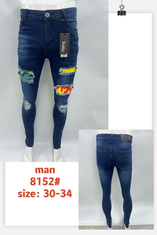 Men’s Ripped Skinny Jeans with Patchwork – Stylish Denim (8152#)