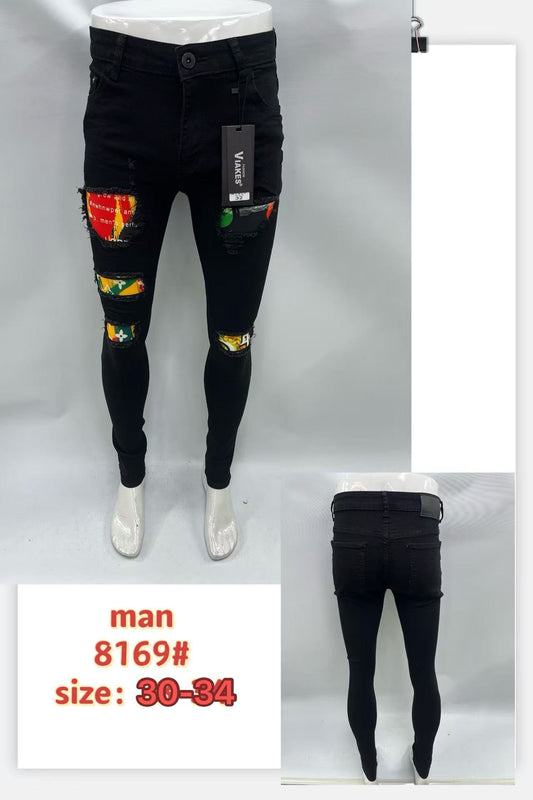 Men’s Black Skinny Ripped Jeans with Patchwork – Stylish Streetwear (8169#)