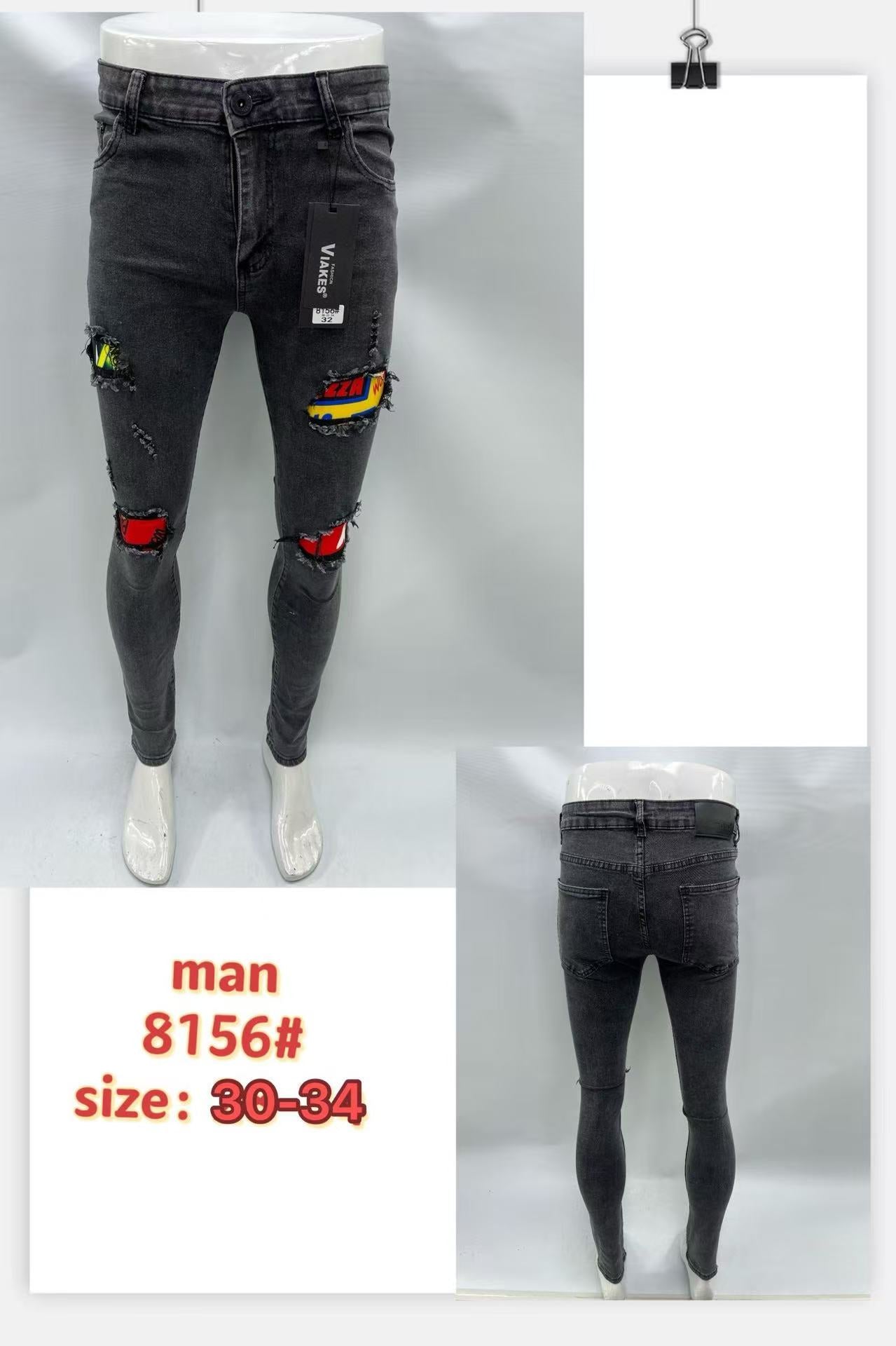 Men’s Black Ripped Skinny Jeans with Patchwork – Trendy Denim (8156#)