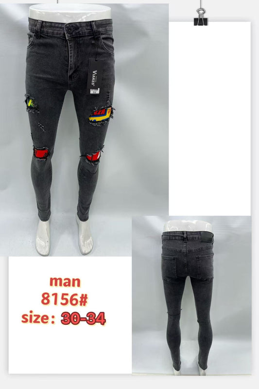 Men’s Black Ripped Skinny Jeans with Patchwork – Trendy Denim (8156#)