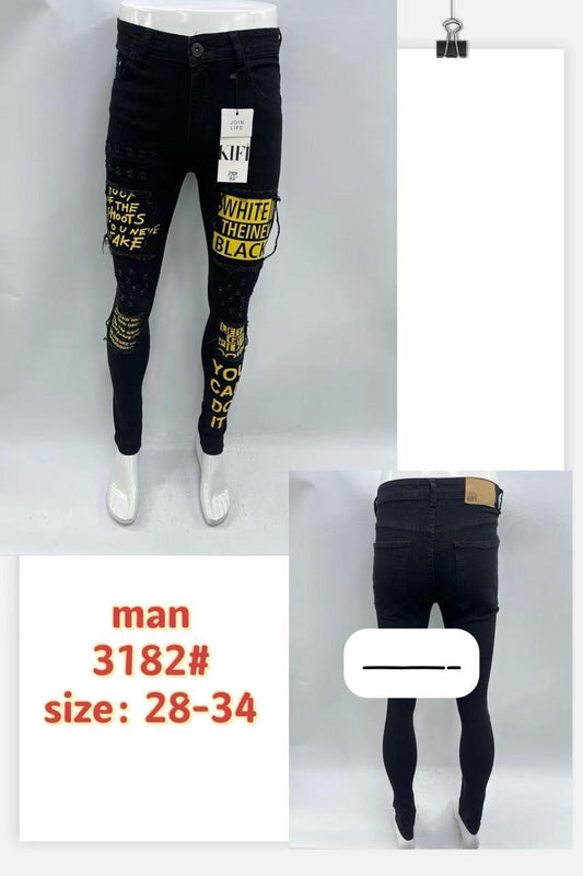 KIFT Men's Ripped Graphic Patch Skinny Jeans - Black Yellow