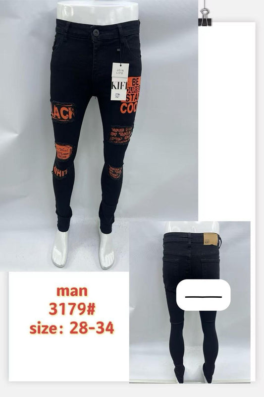 KIFT Men's Ripped Graphic Patch Skinny Jeans - Black Orange