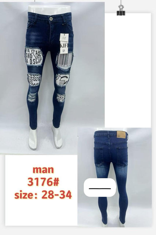 KIFT Men's Ripped Graphic Patch Skinny Jeans - Navy Blue