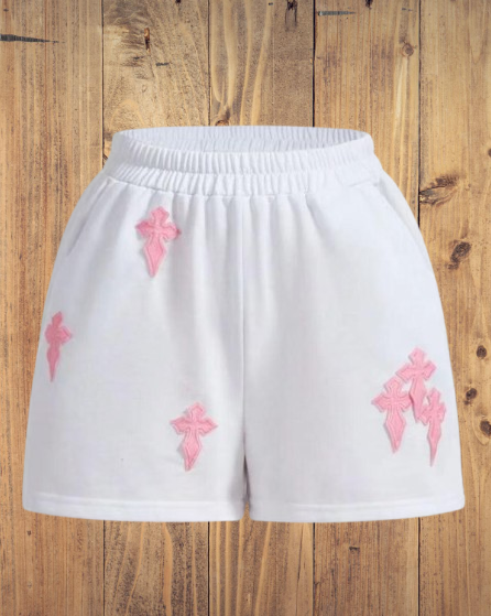 White Shorts with Pink Cross Embroidery