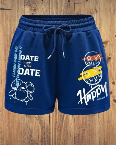 Navy Blue “Happy Always” Bear & Smiley Graphic Shorts