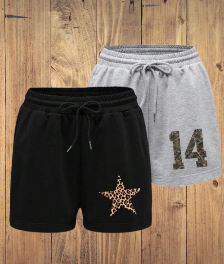 Black Leopard Star & Grey “14” Print Shorts