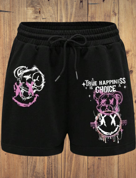 Black “True Happiness is a Choice” Bear Graphic Shorts