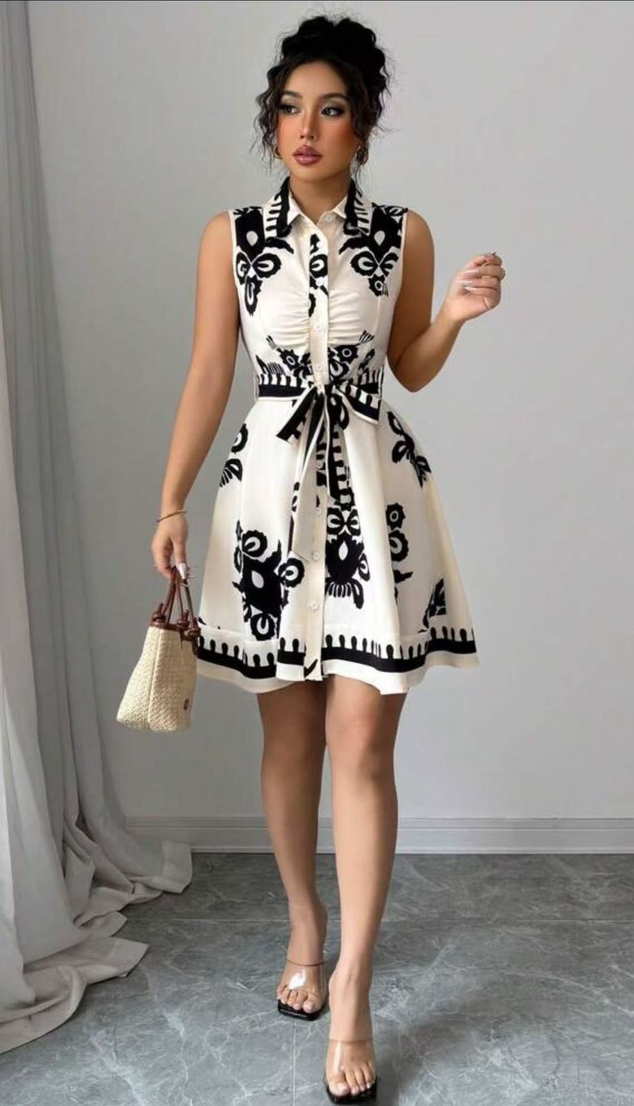 Elegant Black & White Sleeveless Shirt Dress with Belt