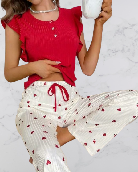 Women’s Red Ruffle Top & White Heart Print Pajama Set
