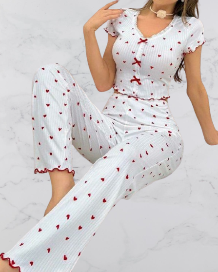 Women’s White Heart Print Pajama Set with Red Bow Detail