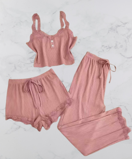 Women’s 3-Piece Pink Lace Trim Pajama Set (Top, Shorts & Pants)