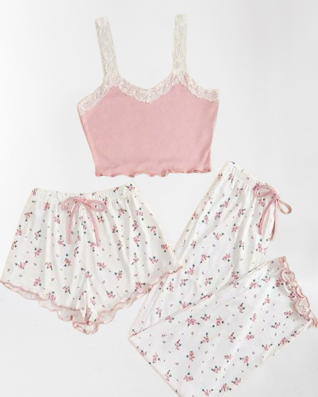 Women’s 3-Piece Floral Print Pajama Set with Lace Top