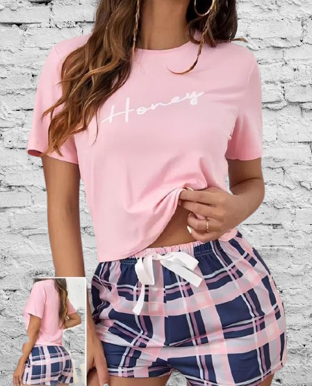 Women’s “Honey” Print T-Shirt & Plaid Shorts Pajama Set