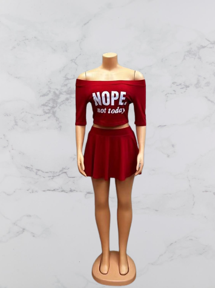 Women’s Red Off-Shoulder “NOPE, Not Today” Two-Piece Crop Top & Skirt Set